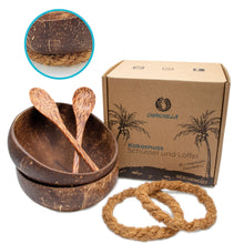 Lade das Bild in den Galerie-Viewer, 2er Set Kokosnuss Schalen + Holzlöffel + Halterung | Natürliche Müslischalen aus Kokosnuss | Coconut Bowls

