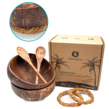 Lade das Bild in den Galerie-Viewer, 2er Set Kokosnuss Schalen + Holzlöffel + Halterung | Natürliche Müslischalen aus Kokosnuss | Coconut Bowls
