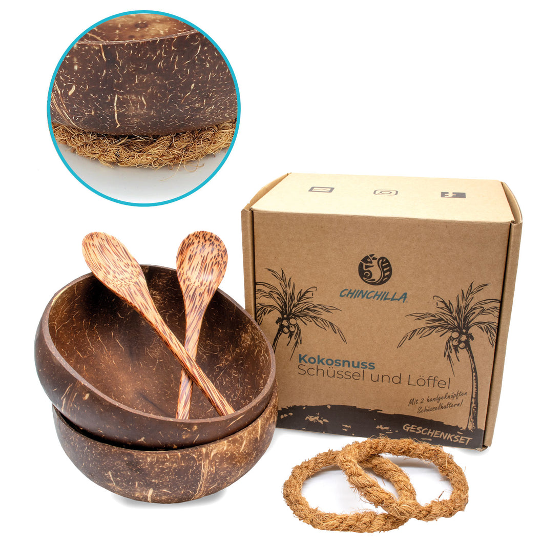 2er Set Kokosnuss Schalen + Holzlöffel + Halterung | Natürliche Müslischalen aus Kokosnuss | Coconut Bowls